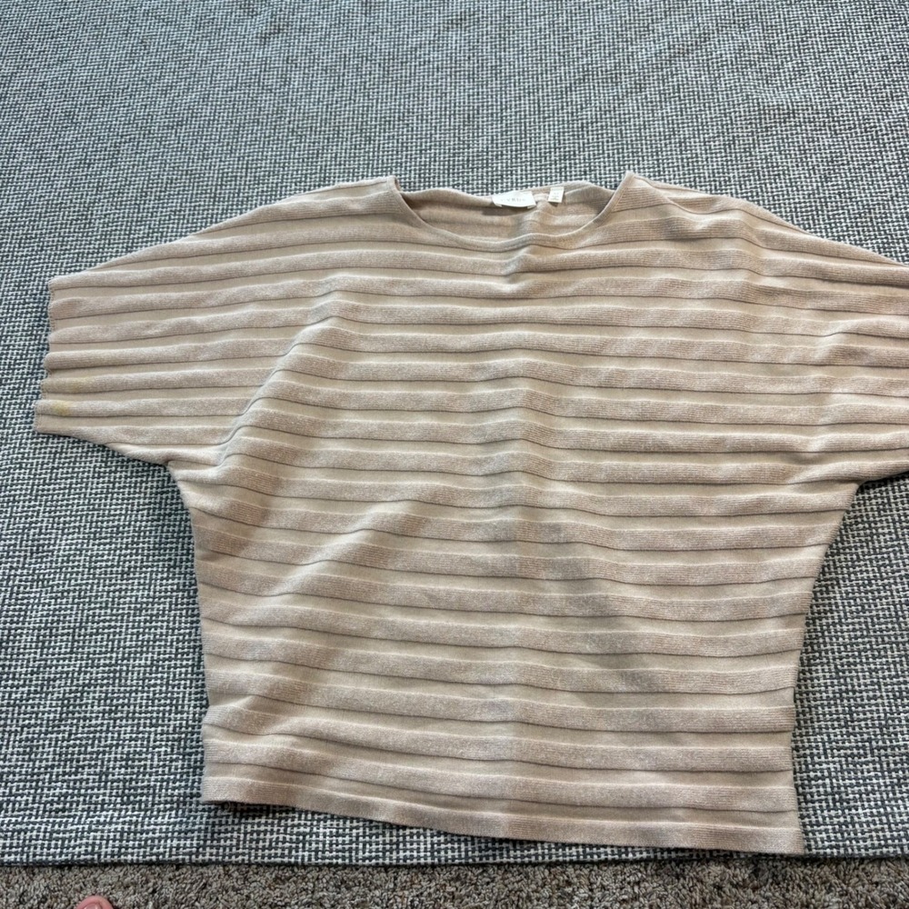 Cyrus Womens Beige Ribbed Batwing Knit Top Short Sleeve Boat Neck Size Medium